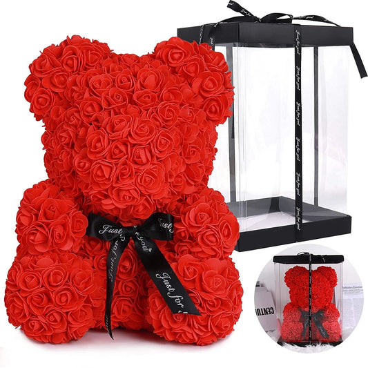 Artificial Rose Bear Flowers Rose Teddy Bear 10 Inch Wedding Party Decoration Box for Valentines Day Gift Mothers Day Anniversary Birthday Present (Black)